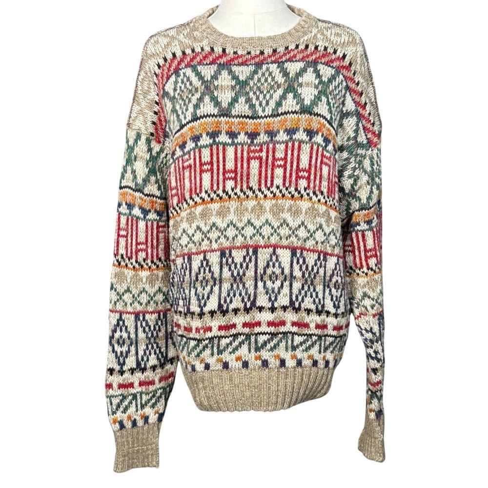 Vintage Hudson's Bay Company Fair Isle Nordic Cotton Knit Sweater Mens Large